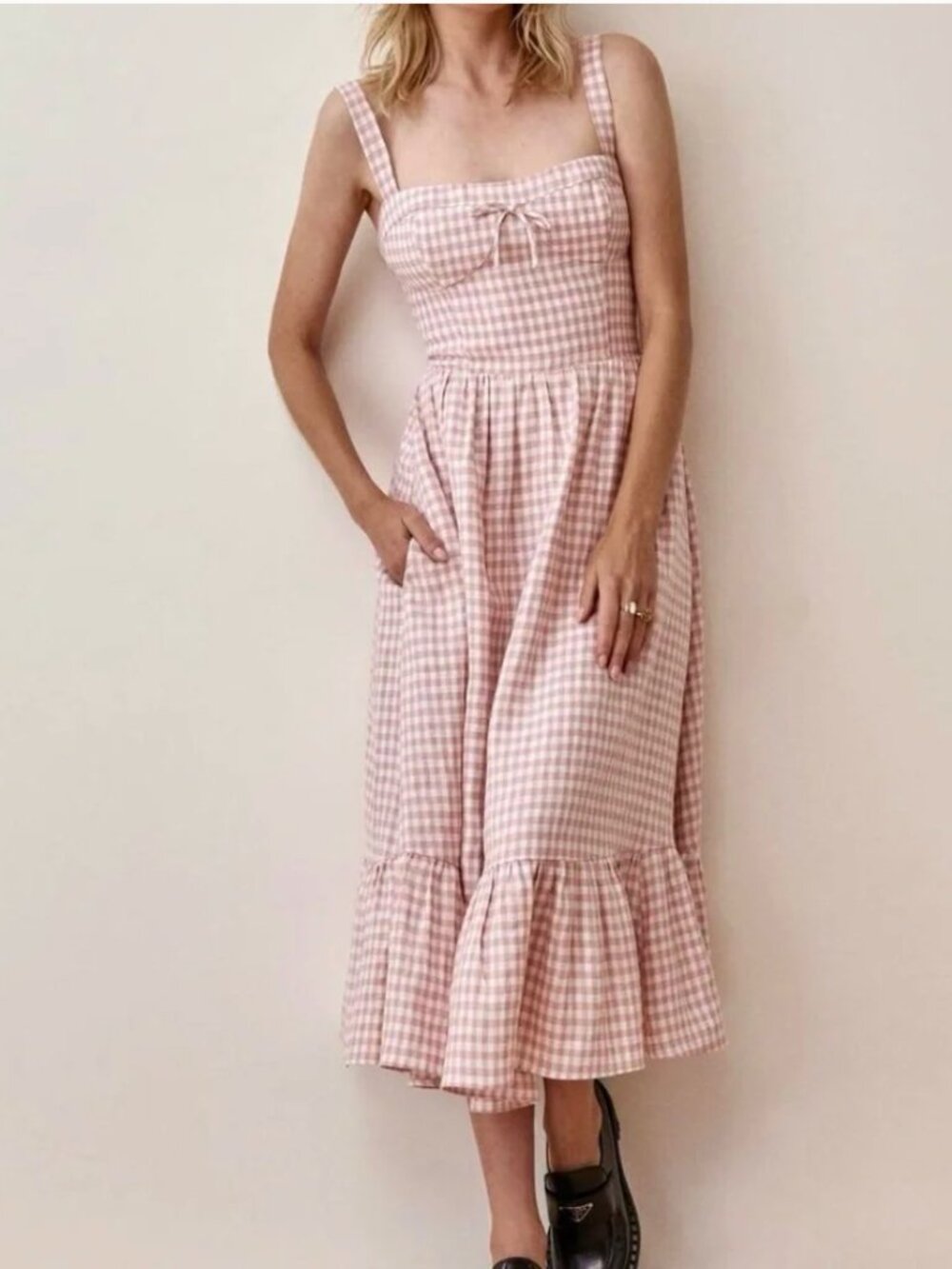 Reformation Pink and White Gingham Linen Dress Size 2
